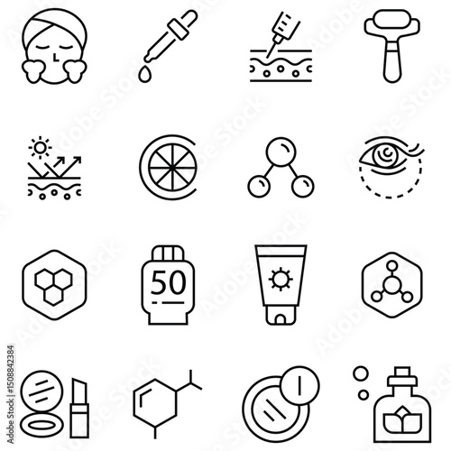 Beauty benefit thin line icon set, vector. Minimalist vector icon set featuring lipstick, mascara, eyebrow, lashes, face with brush, face mask, sunscreen, UV Protection and More. Vector illustrations 