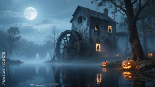 Haunted old mill by the lake on a spooky halloween night