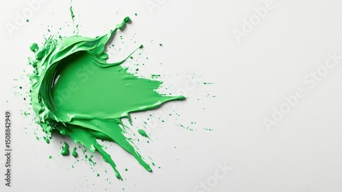 A vibrant splash of green paint artistically poured on a clean white canvas, creating a striking contrast that emphasizes creativity and artistic expression.