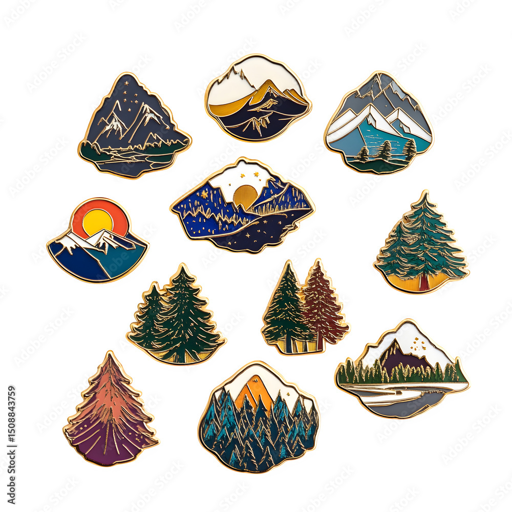A collection of enamel pins representing different American national parks, isolated on a pure white background, capturing the vibrant colors, fine details of the designs, A collection of enamel pins representing different American national parks, isolated on a pure white background, capturing the vibrant colors, fine details of the designs,
