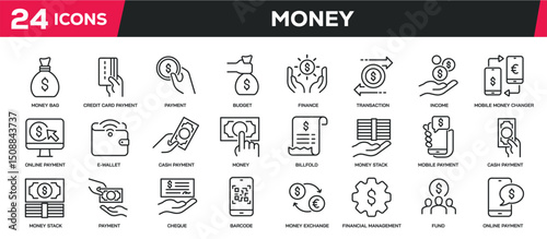 Set of line icons related payment, money, finance, price, cash. Editable stroke. Perfect pixel on transparent background