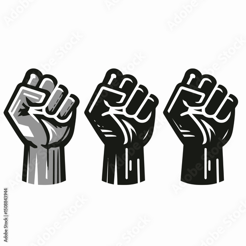 A bold vector illustration of a raised clenched fist depicted in three different skin tones. This artwork symbolizes unity, power, resistance, and solidarity.