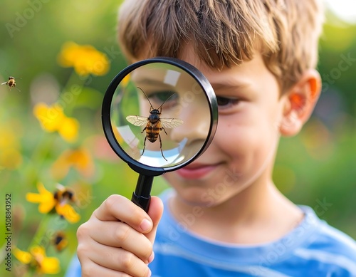 Young boy examining insect with magnifying glass outdoors