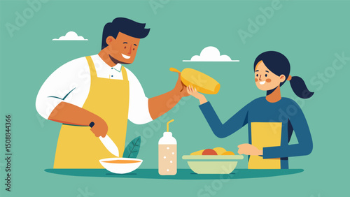 A man skillfully lathering mayonnaise and sprinkling cheese on his elote a customer eagerly watching the creation of their corn on the cob.. Vector illustration