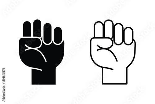 raised fists icon Outline vector logo for web UI. Icon of a raised fist symbolizing unity, strength, and solidarity. Hand icon vector isolated on white background. Hand gesture. hand stop. EPS 10. 