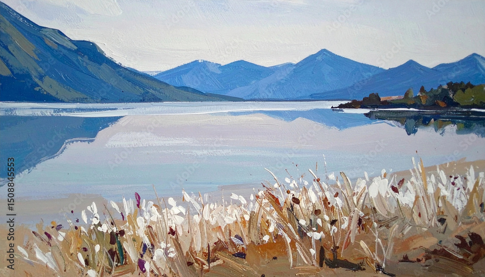 Fototapeta premium Textured oil painting illustration of a tranquil lake surrounded by mountains and wildflowers during a clear day