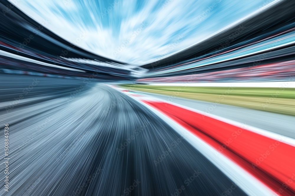 Fototapeta premium Dynamic Motion Blur of a Formula One Race Track with Vivid Red and White Markings Under a Bright Sky, Capturing the Intense Speed and Excitement of F1 Racing and High-Performance Motorsport