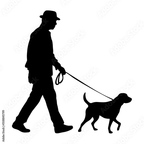 A full black silhouette of a man walking, holding a leash attached to a dog