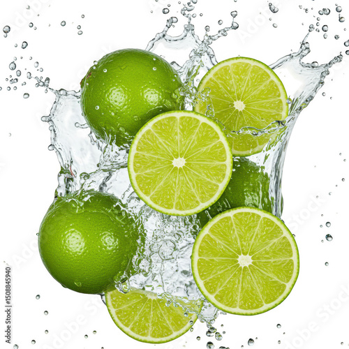 Fresh limes with water splash photography for food and drink images on transparent background