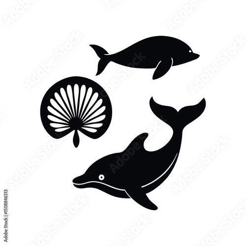 Ocean Set Whale Dolphin Seashell Coral Vector Silhouette