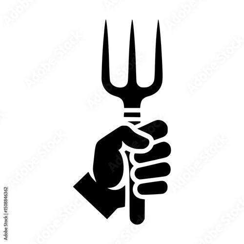 A silhouette of a hand firmly holding a pitchfork