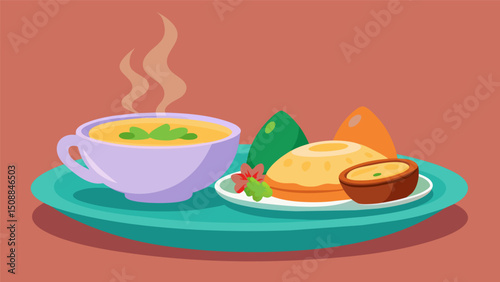 A plate of steaming hot pastel is accompanied by a small bowl of api a traditional breakfast staple in the Bolivian highlands.. Vector illustration