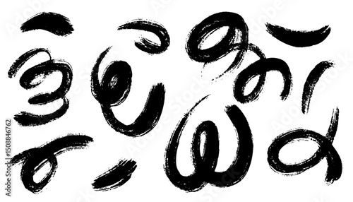 Set of hand drawn charcoal pencil curly lines, squiggles, and scribble brush strokes. Black marker sketches with brush strokes and isolated daubs on white background.