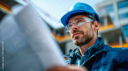 Bearded architect in denim jacket holds blueprints while gazing at a construction site lit by golden light