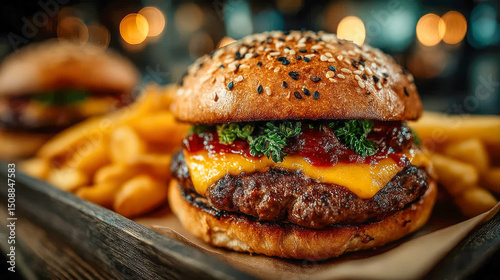 Close-up of a juicy cheeseburger with sesame seed bun, garnished with parsley and sauce, served with golden French fries on a rustic wooden tray