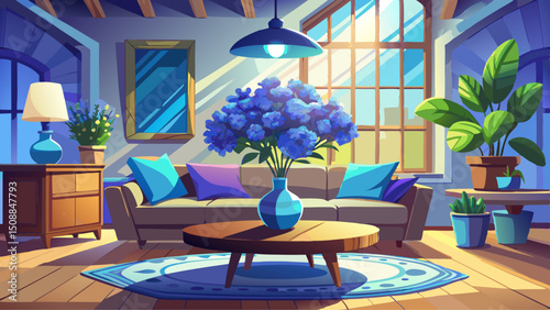 Light-filled living room with a vase of blue flowers on a wooden table near sofa