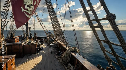 Pirate ship sailing on ocean featuring pirate flag, deck, ropes, and open water.