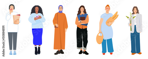A collection of young women engaged in various activities. Vector illustration. Person, character, lady, female.