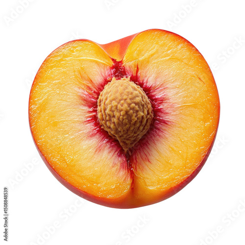 Juicy Peach's Delight: A half cut peach revealing its inviting flesh, and the pit in the center. Evoking freshness and the sweetness of a summer day.
