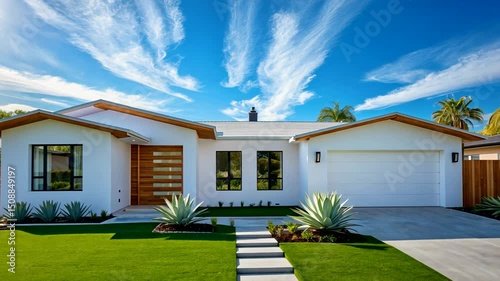 White modern suburban home with green lawn, palm trees, and vibrant blue sky on a sunny day