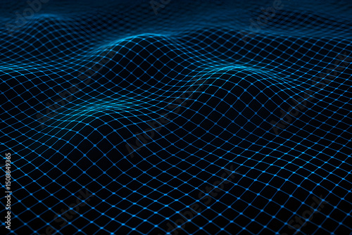 Photo of Abstract blue grid wave on black background for technology concept