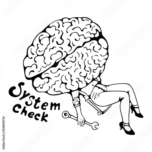 System check. A humoristic illustration checking up on a brain like if it was a car
