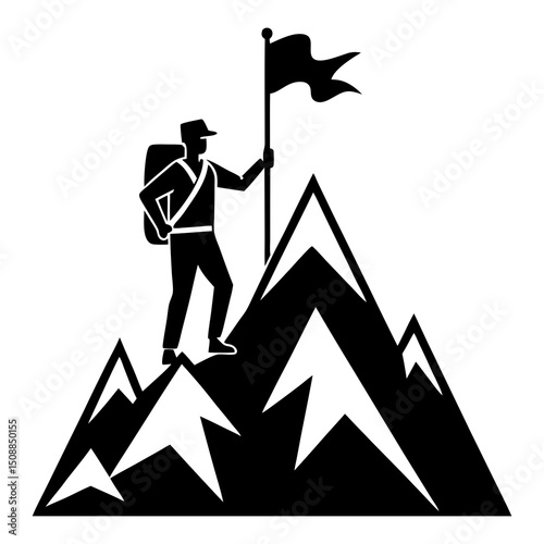 Mountain Climber with Flag Silhouette