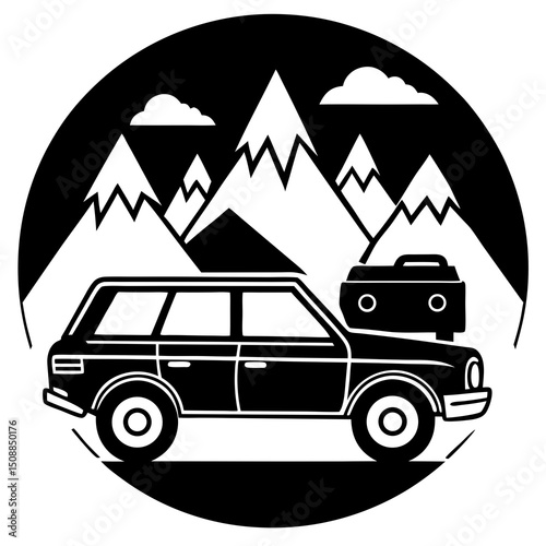 Camper Van in Mountains Silhouette