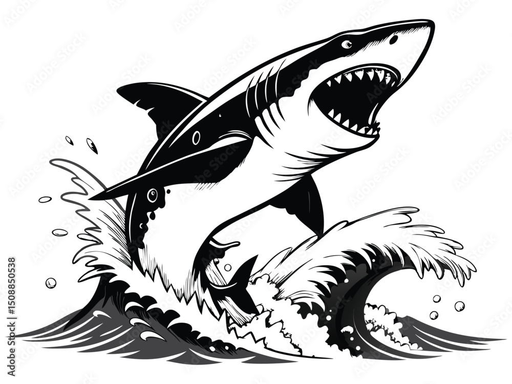 Naklejka premium Great White Shark Vector Leaping from Ocean