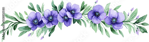 Watercolor purple anemone wreath with green leaves and grass isolated on white background, pastel colors. Vector illustration for elongated decoration