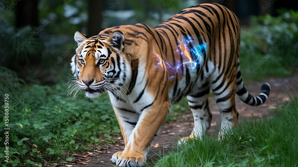 Obraz premium Majestic Tiger Walking with Electric Aura in Lush Forest Symbolizing Power Energy and the Untamed Beauty of Wildlife in its Natural Habitat