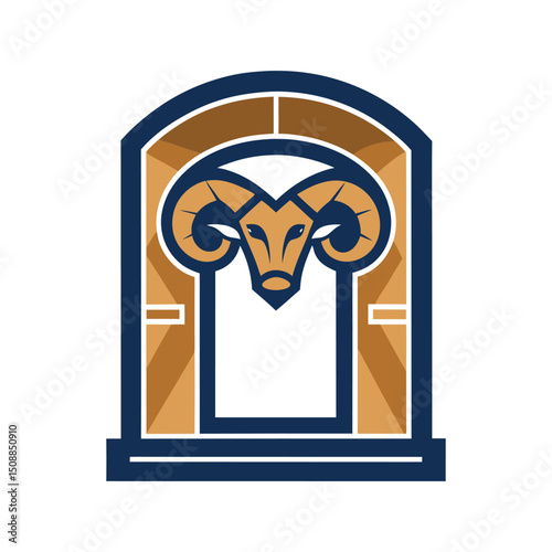 Stylized ram head emblem inside an archway in shades of brown and navy blue