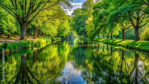 Serene canal scene with lush green trees reflected in the calm water, surrounded by a peaceful atmosphere and vibrant foliage