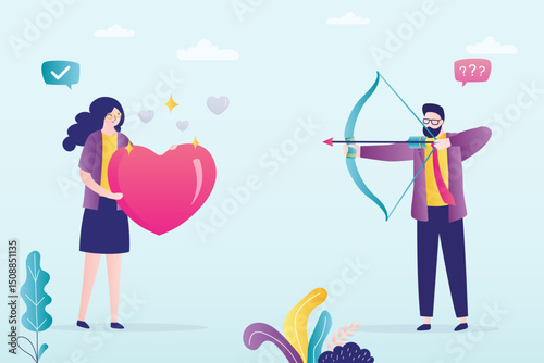 Handsome man holding bow and arrow ready to shoot. Beauty woman hands holding heart shape. Archery, love and romance. Dating, Valentine day. Love couple.