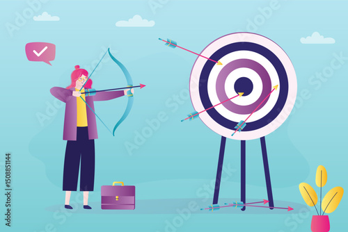 Confident businesswoman aiming target with bow and arrow archery to the target board. Business target and achievement concept. Archery, target, risk management.