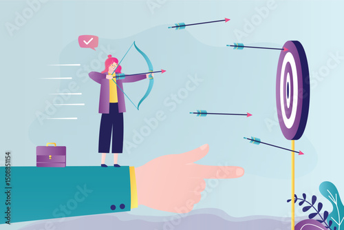 Businesswoman aiming at target with bow and arrow. Successful hitting target. Mentor points right way for shooting arrow at bullseye. Big helping hand