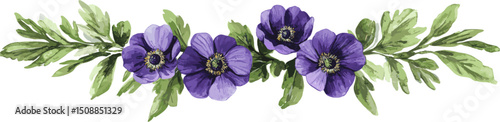 Elongated decoration of violet flowers and green leaves. Pastel watercolor illustration