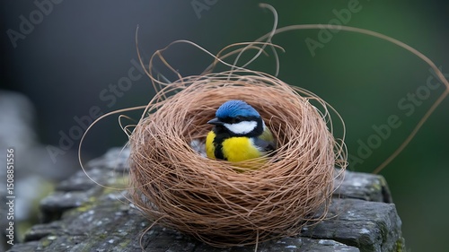 Colorful Verditer Flycatcher Bird Perched Comfortably Inside a Woven Nest on Top of a Weathered Stone Surface with a Blurred Green Background