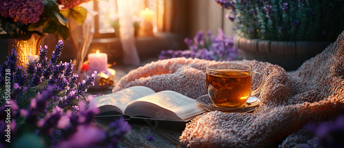 Warm scene with a steaming tea cup, open book, purple lavender, and glowing candles by a window. Mock up  for relaxation, aromatherapy, cozy, or wellness.