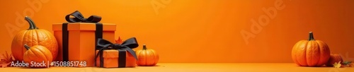 Vibrant Halloween gift boxes, pumpkins Orange background , treats, party