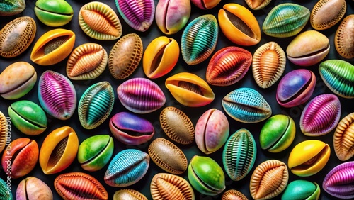 Colorful cowrie shells arranged in a seamless pattern on a black background, creating a visually appealing and exotic design element, oceanic art, seamless pattern