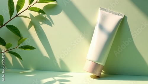 Wrinkled cream tube, dappled leaf shadows Botanical skincare product , mockup, isolated, skincare
