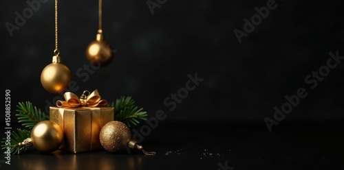 Luxury gold baubles & gift on black backdrop, Xmas theme , celebration, black