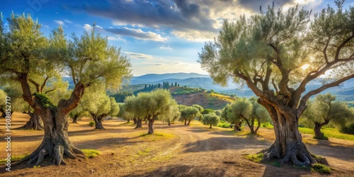 Ancient olive grove with ripe olives and gnarled branches in a sunny Mediterranean landscape, surrounded by rolling hills and Cypress trees, outdoors, mediterranean