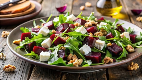 Fresh roasted beet and goat cheese salad with peppery arugula