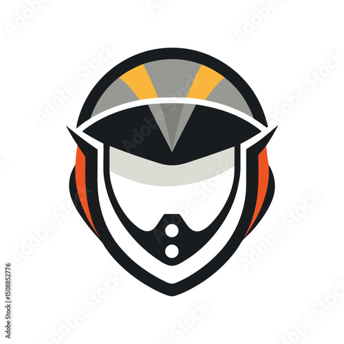 Modern minimalist motorcycle helmet logo design with orange grey and black color scheme for brand identity