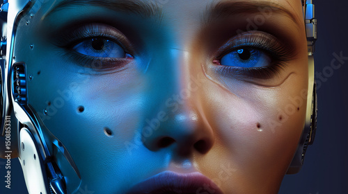 Close-up view of futuristic android’s face—humanoid robot with lifelike design, smooth contours, and expressive features, captured with precision and realism in a sci-fi-inspired setting
