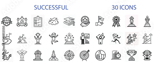 Thirty success icons set achievement goals progress strategy