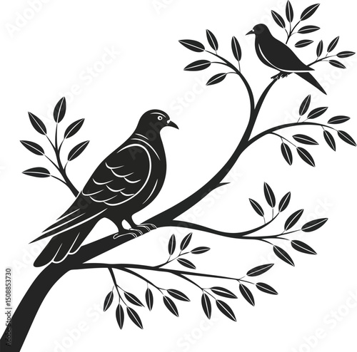Birds on Branch Silhouette: Two birds perched on a leafy branch, a peaceful scene rendered in a striking black and white silhouette. This minimalist design evokes serenity and nature's quiet beauty.