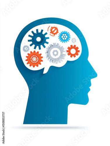 Human head silhouette with colorful gears inside representing thinking, creativity, innovation, and problem solving in modern, abstract style illustration